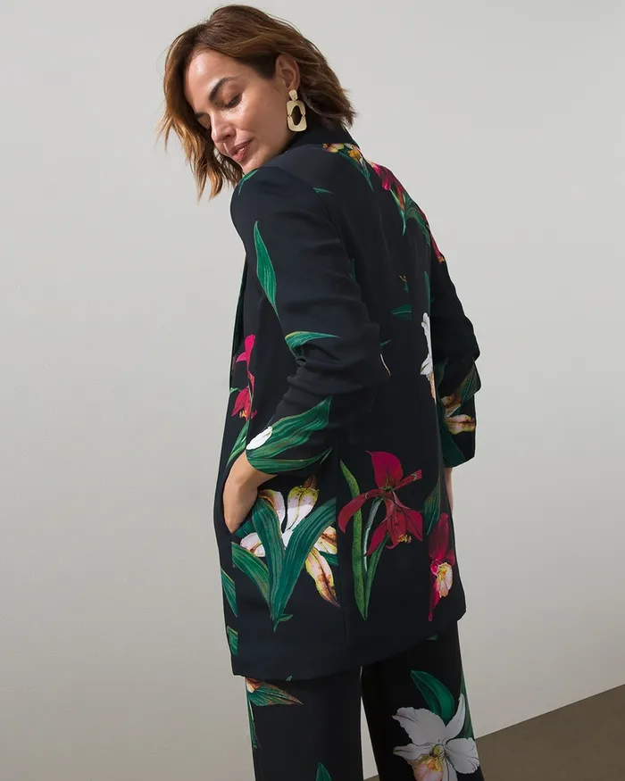 Chico039s Floral Ruched Sleeve Soft Jacket BlackRed Women Jackets and Coats