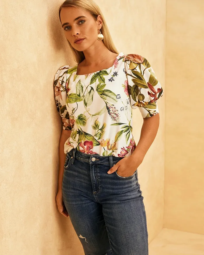 Chico039s Floral Square Neck Puff Sleeve Top Alabaster Women Tees