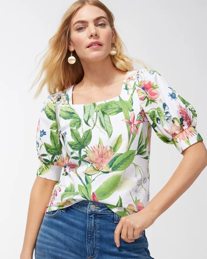 Chico039s Floral Square Neck Puff Sleeve Top Alabaster Women Tees