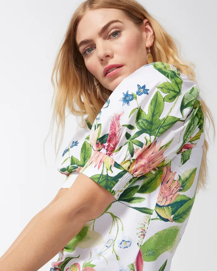 Chico039s Floral Square Neck Puff Sleeve Top Alabaster Women Tees