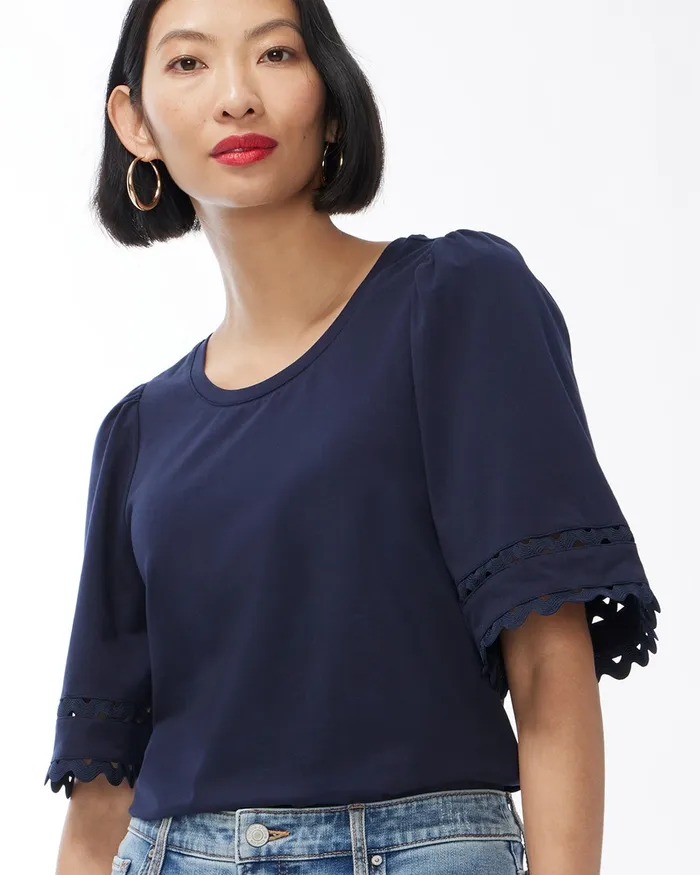 Chico039s Lace Detail Flutter Sleeve Tee Classic Navy Women Tops