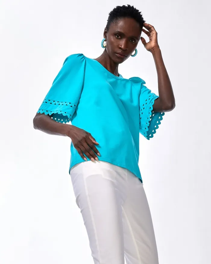Chico039s Lace Detail Flutter Sleeve Tee Classic Navy Women Tops