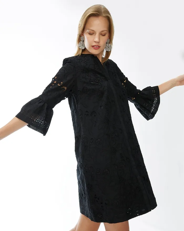 Chico039s Lace Flounce Sleeve Dress Black Women Dresses and Skirts