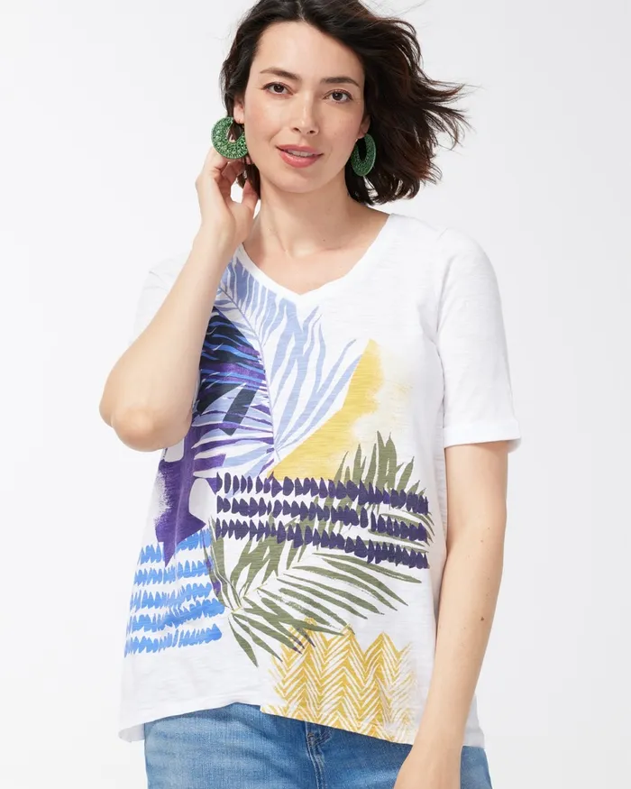 Chico039s Leaf Print Seamed Slub Tee Alabaster Women Tees