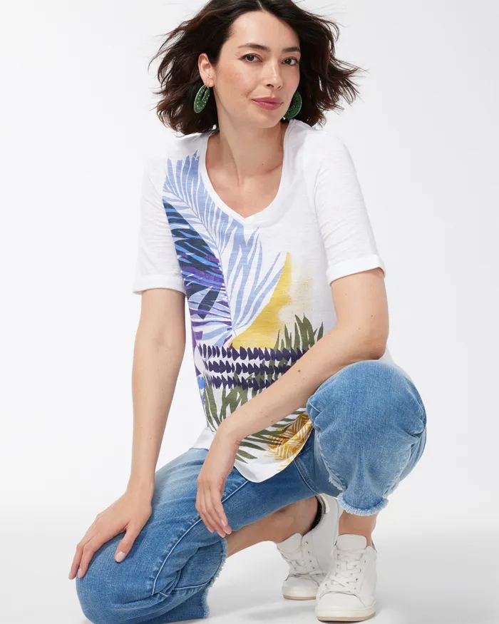 Chico039s Leaf Print Seamed Slub Tee Alabaster Women Tees