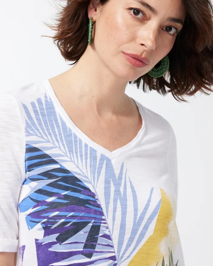 Chico039s Leaf Print Seamed Slub Tee Alabaster Women Tees