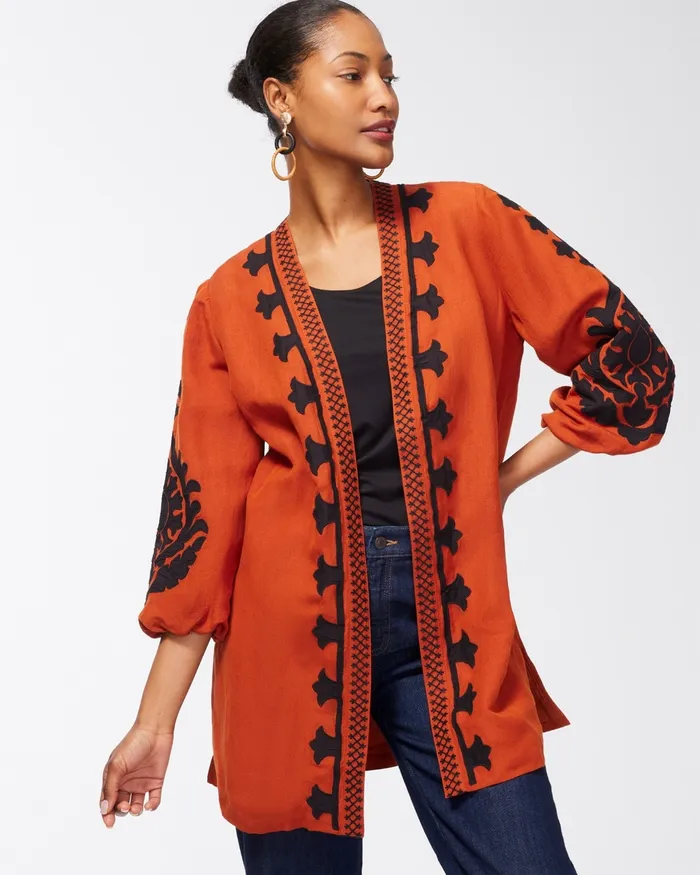 Chico039s Linen Blend Applique Jacket Amber Spice Women Jackets and Coats
