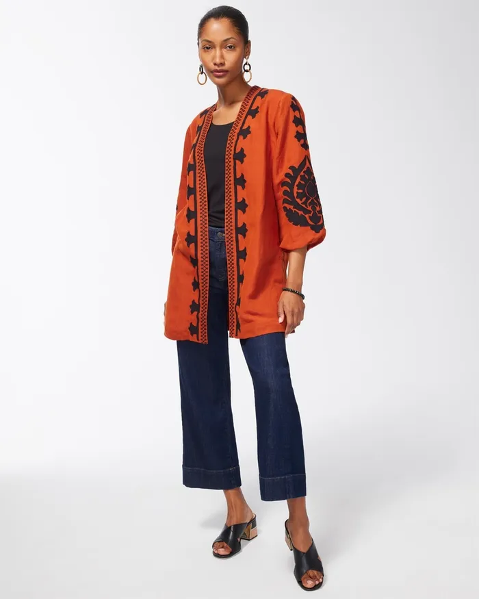 Chico039s Linen Blend Applique Jacket Amber Spice Women Jackets and Coats