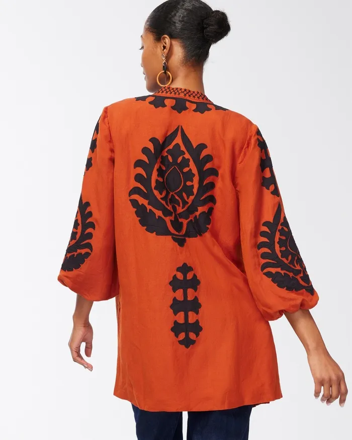 Chico039s Linen Blend Applique Jacket Amber Spice Women Jackets and Coats