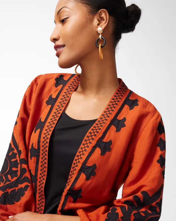 Chico039s Linen Blend Applique Jacket Amber Spice Women Jackets and Coats