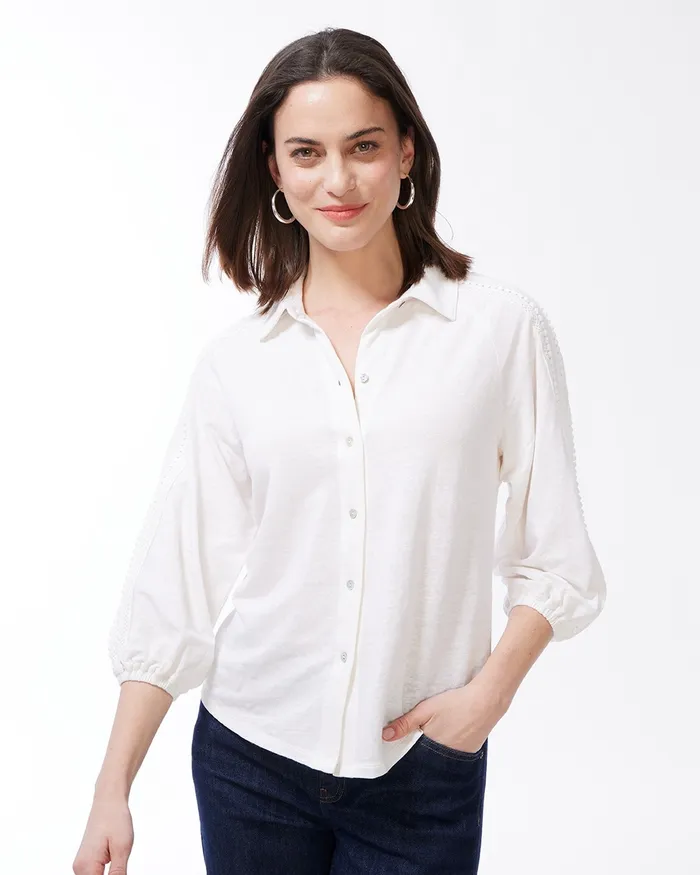 Chico039s LinenBlend Button Down Tee Alabaster Women Tops
