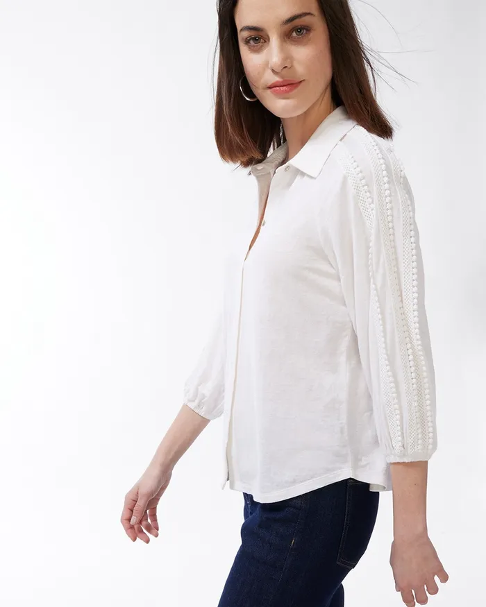Chico039s LinenBlend Button Down Tee Alabaster Women Tops