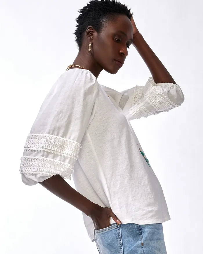 Chico039s LinenBlend Pom Sleeve Tee Alabaster Women Tops