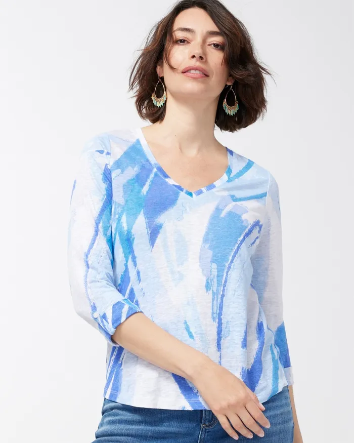 Chico039s Linen Brushstroke 34 Sleeve Tee Amparo Blue Women Tops