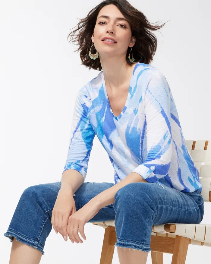 Chico039s Linen Brushstroke 34 Sleeve Tee Amparo Blue Women Tops