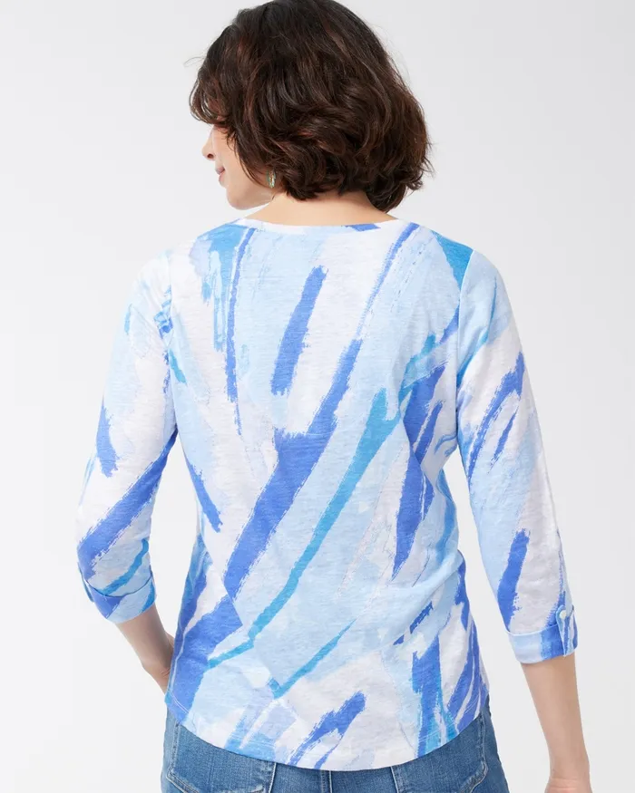 Chico039s Linen Brushstroke 34 Sleeve Tee Amparo Blue Women Tops