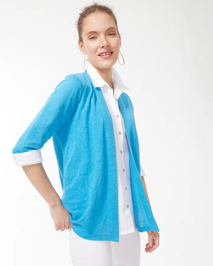 Chico039s Linen Convertible Cardigan Amparo Blue Women Tops