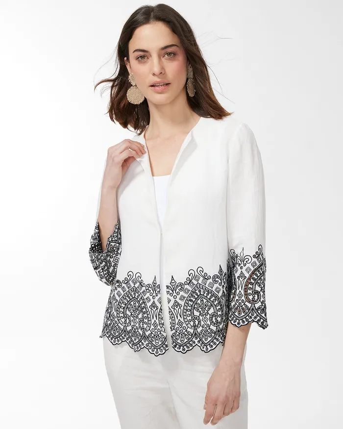 Chico039s Linen Eyelet Hem Jacket AlabasterBlack Women Jackets and Coats