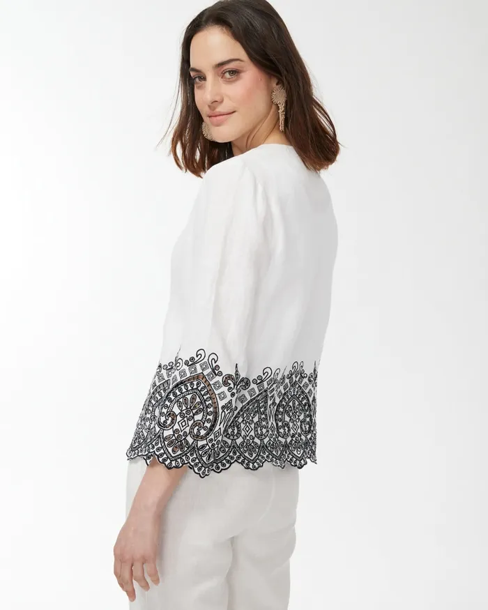 Chico039s Linen Eyelet Hem Jacket AlabasterBlack Women Jackets and Coats
