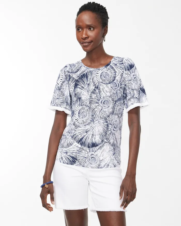 Chico039s Linen Fringe Sleeve Shell Print Tee Classic Navy Women Tees