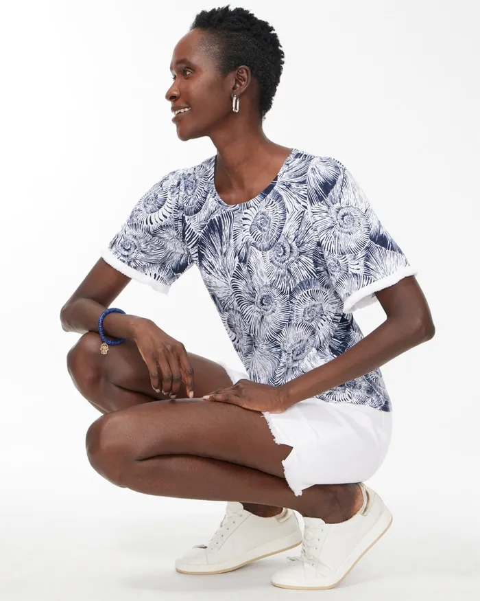 Chico039s Linen Fringe Sleeve Shell Print Tee Classic Navy Women Tees