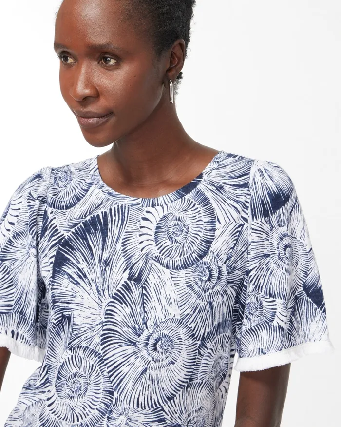 Chico039s Linen Fringe Sleeve Shell Print Tee Classic Navy Women Tees