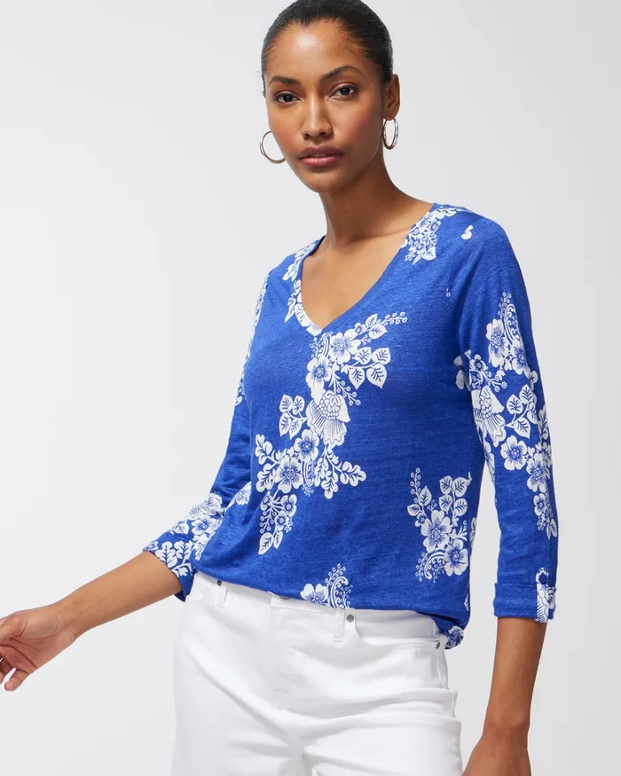 Chico039s Linen Navy Floral 34 Sleeve Tee Classic Navy Women Tops