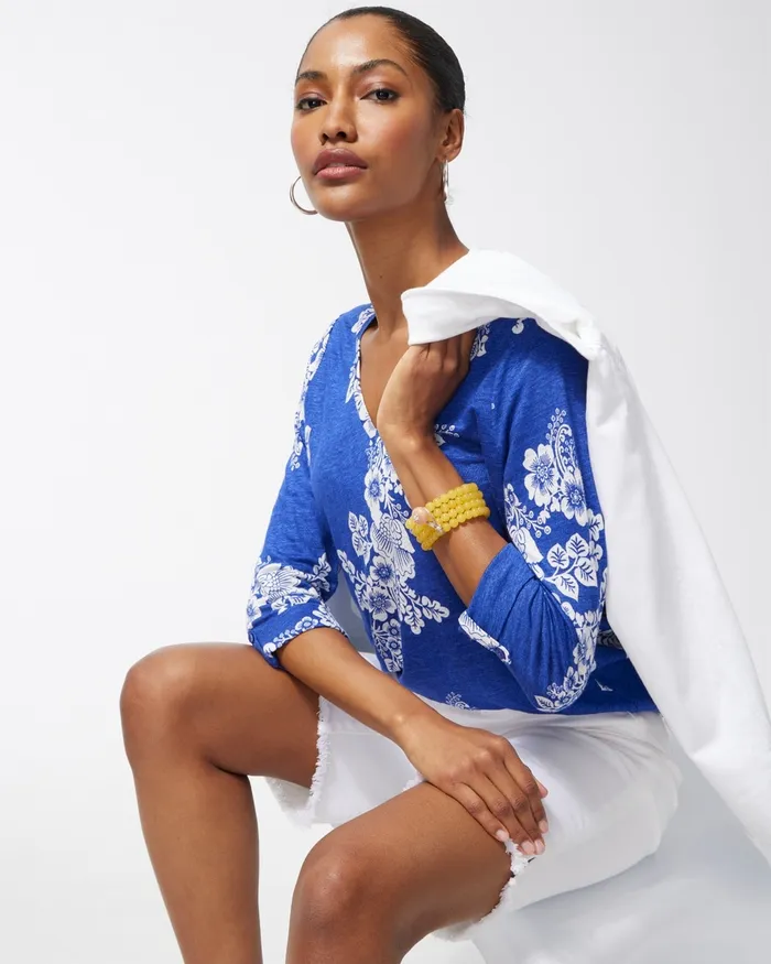 Chico039s Linen Navy Floral 34 Sleeve Tee Classic Navy Women Tops