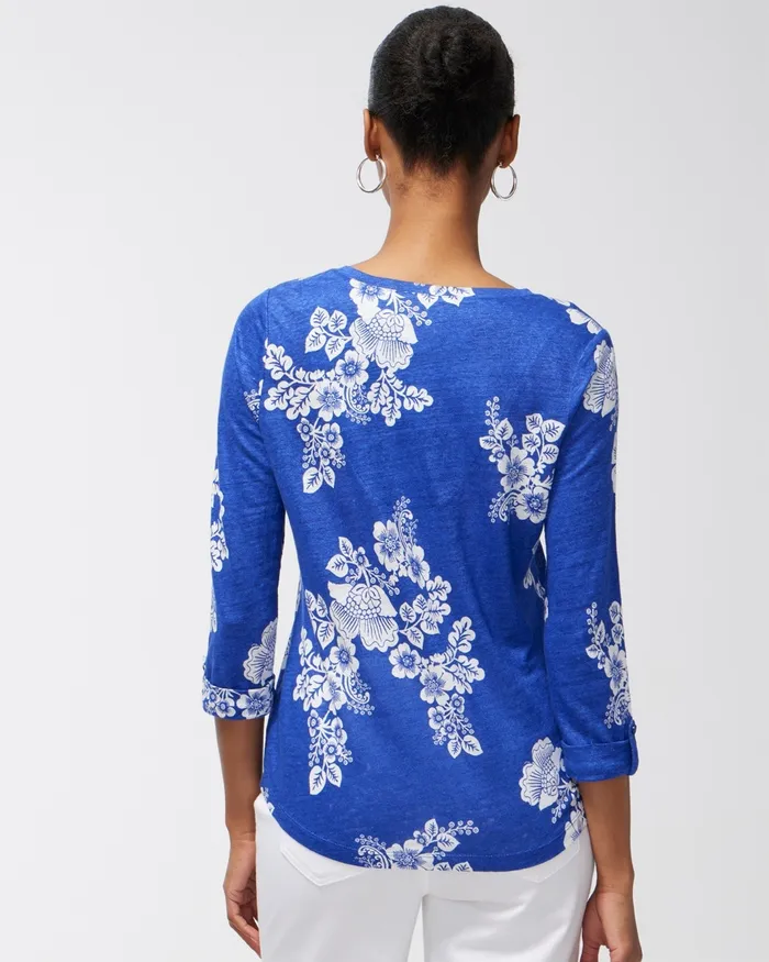 Chico039s Linen Navy Floral 34 Sleeve Tee Classic Navy Women Tops