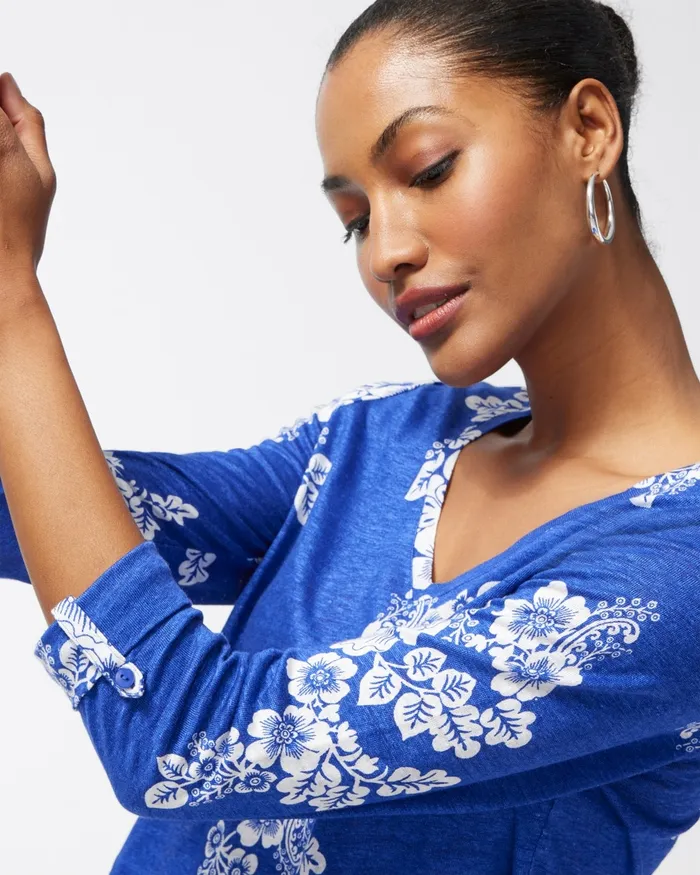 Chico039s Linen Navy Floral 34 Sleeve Tee Classic Navy Women Tops