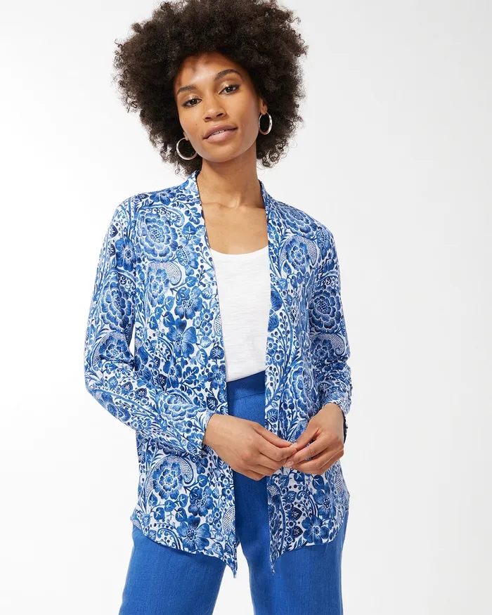 Chico039s Linen Paisley Convertible Cardigan Classic Navy Women Tops