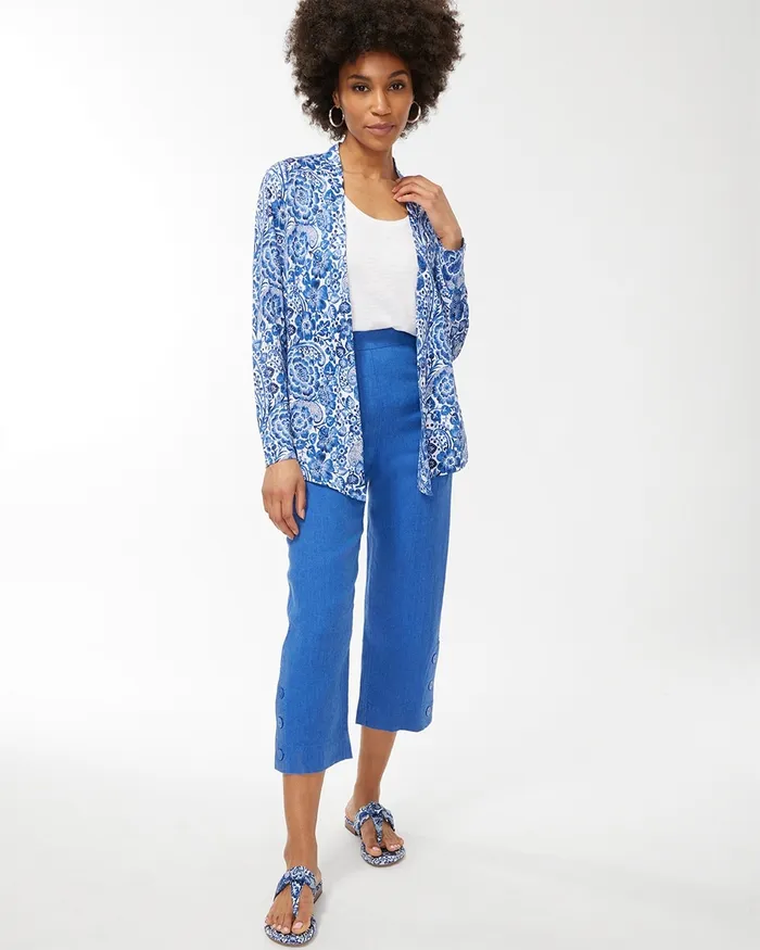 Chico039s Linen Paisley Convertible Cardigan Classic Navy Women Tops
