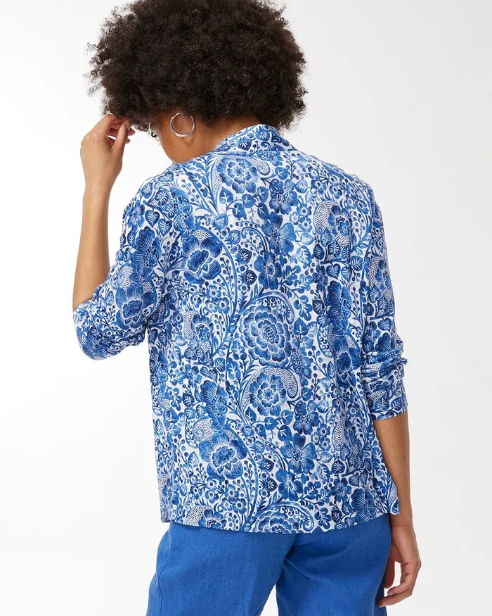 Chico039s Linen Paisley Convertible Cardigan Classic Navy Women Tops