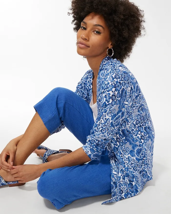 Chico039s Linen Paisley Convertible Cardigan Classic Navy Women Tops
