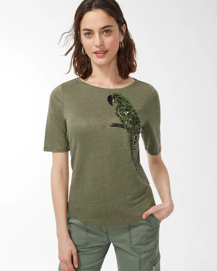 Chico039s Linen Sequin Parrot Tee Dark Moss Women Matching Sets