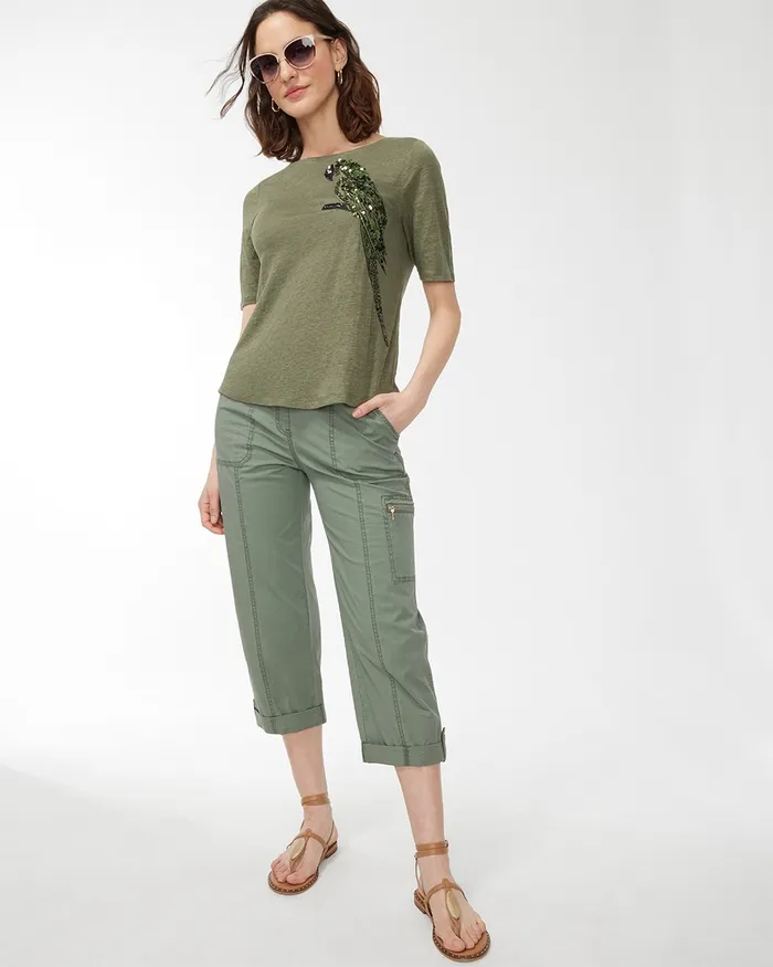 Chico039s Linen Sequin Parrot Tee Dark Moss Women Matching Sets