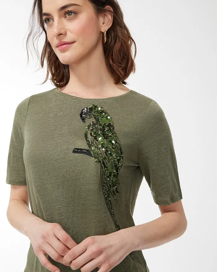 Chico039s Linen Sequin Parrot Tee Dark Moss Women Matching Sets