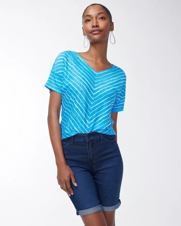 Chico039s Linen Stripe Easy Tee Poolside Blue Women Tees