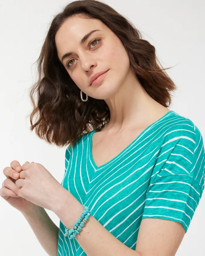 Chico039s Linen Stripe Easy Tee Poolside Blue Women Tees