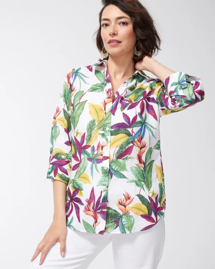 Chico039s No Iron Linen 34 Sleeve Floral Shirt Leaf Green Women Tops
