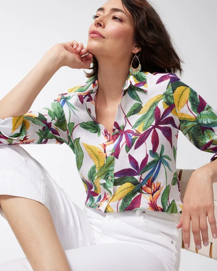 Chico039s No Iron Linen 34 Sleeve Floral Shirt Leaf Green Women Tops