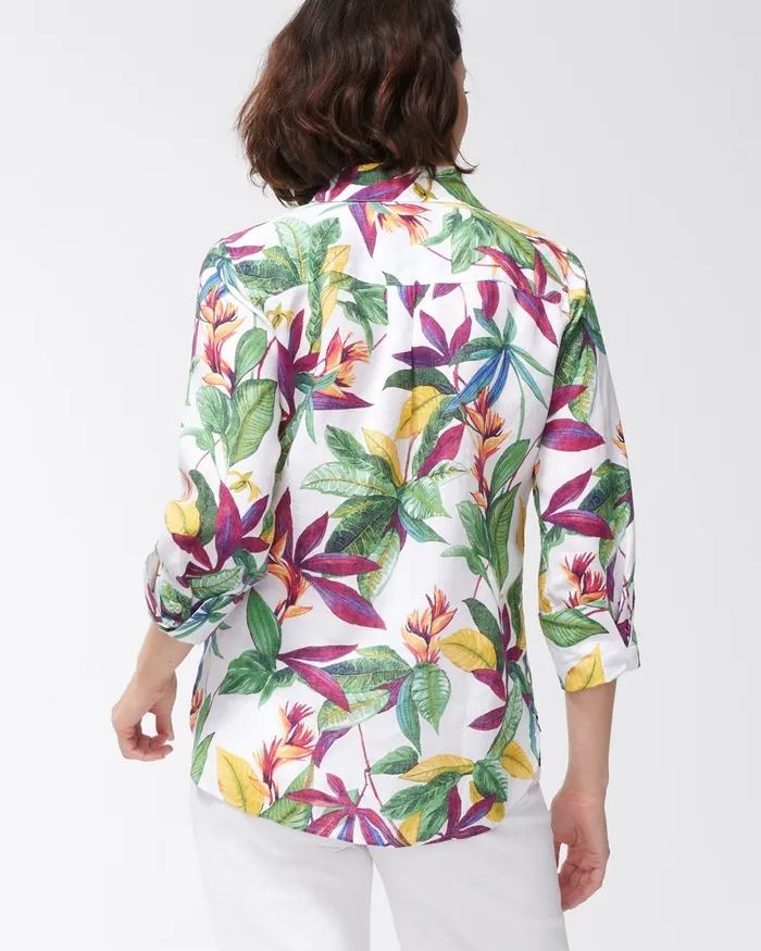 Chico039s No Iron Linen 34 Sleeve Floral Shirt Leaf Green Women Tops