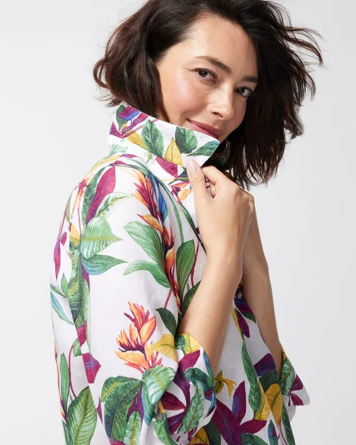 Chico039s No Iron Linen 34 Sleeve Floral Shirt Leaf Green Women Tops