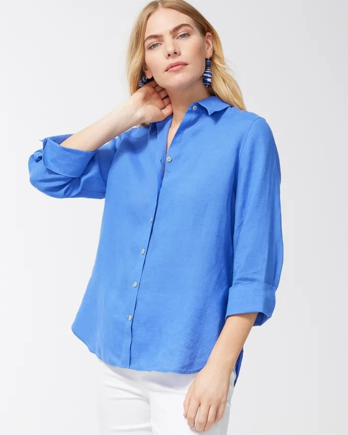 Chico039s No Iron Linen 34 Sleeve Shirt Amparo Blue Women Tops