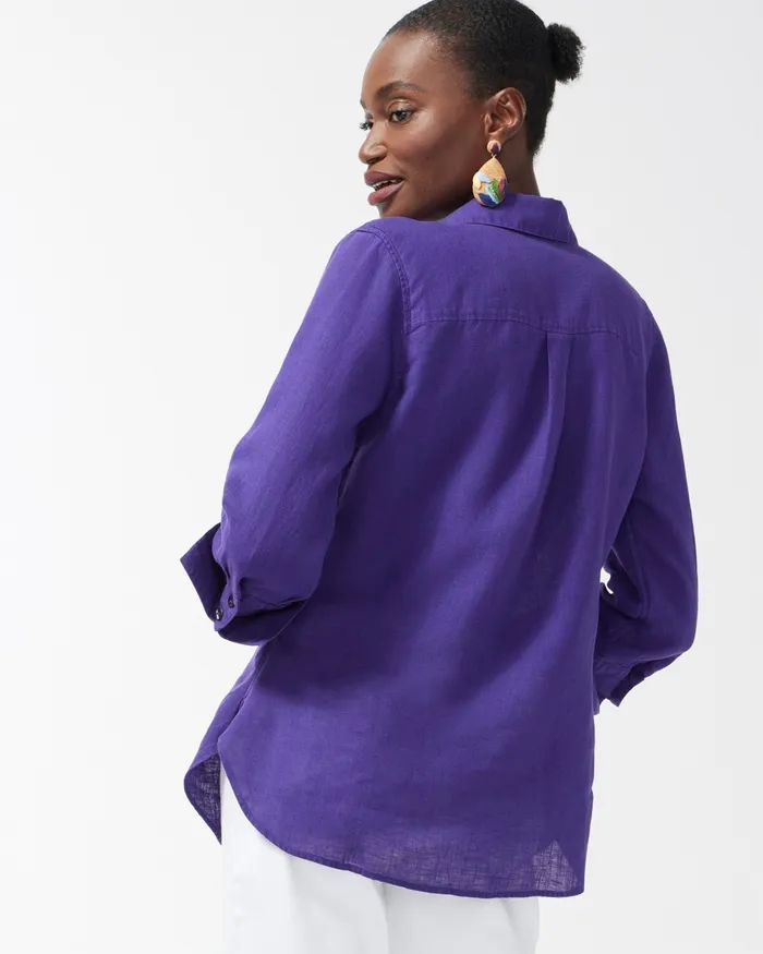 Chico039s No Iron Linen 34 Sleeve Shirt Amparo Blue Women Tops