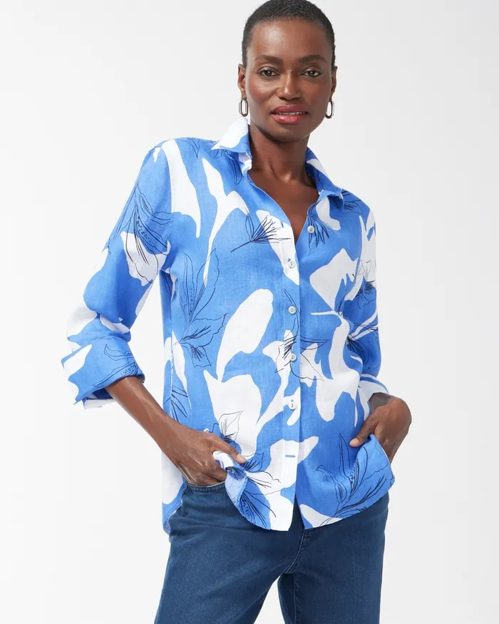 Chico039s No Iron Linen 34 Sleeve Tropical Shirt Amparo Blue Women Tops