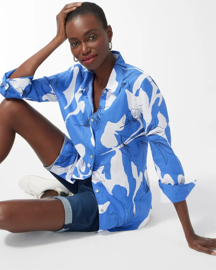 Chico039s No Iron Linen 34 Sleeve Tropical Shirt Amparo Blue Women Tops