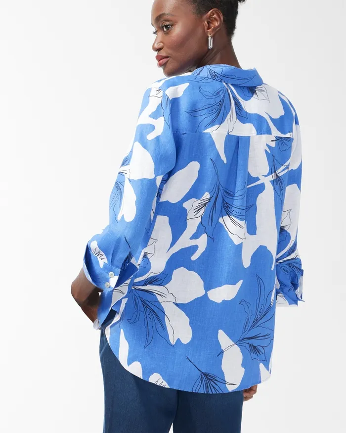 Chico039s No Iron Linen 34 Sleeve Tropical Shirt Amparo Blue Women Tops