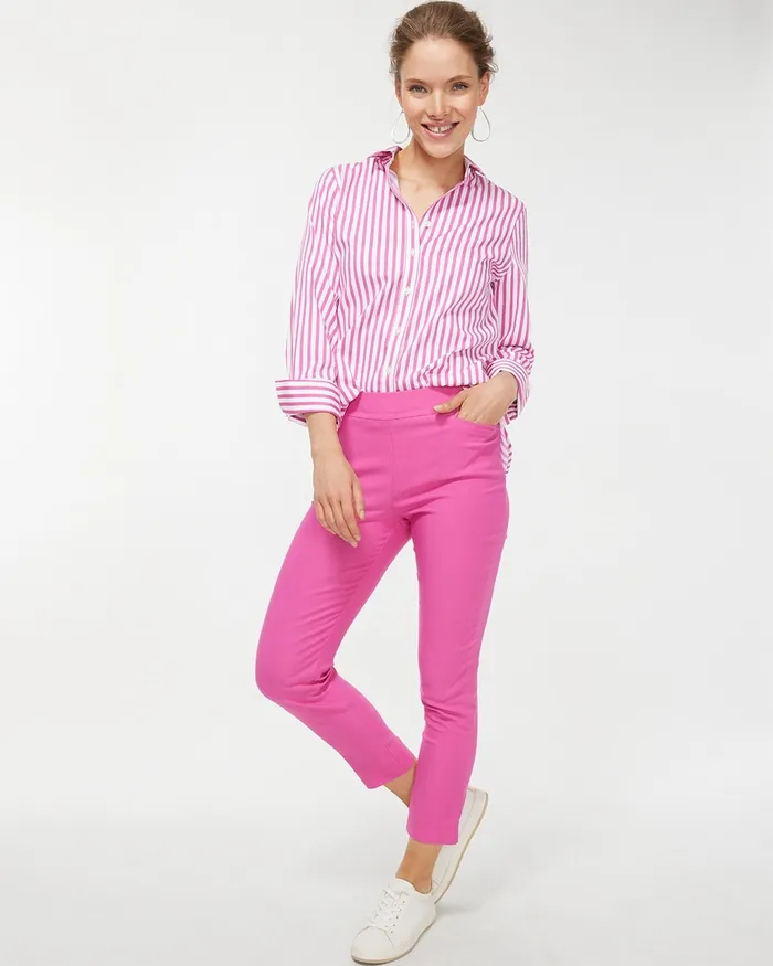 Chico039s No Iron Stretch 34 Sleeve Stripe Shirt Bahamian Pink Women Tops