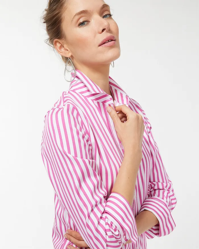 Chico039s No Iron Stretch 34 Sleeve Stripe Shirt Bahamian Pink Women Tops